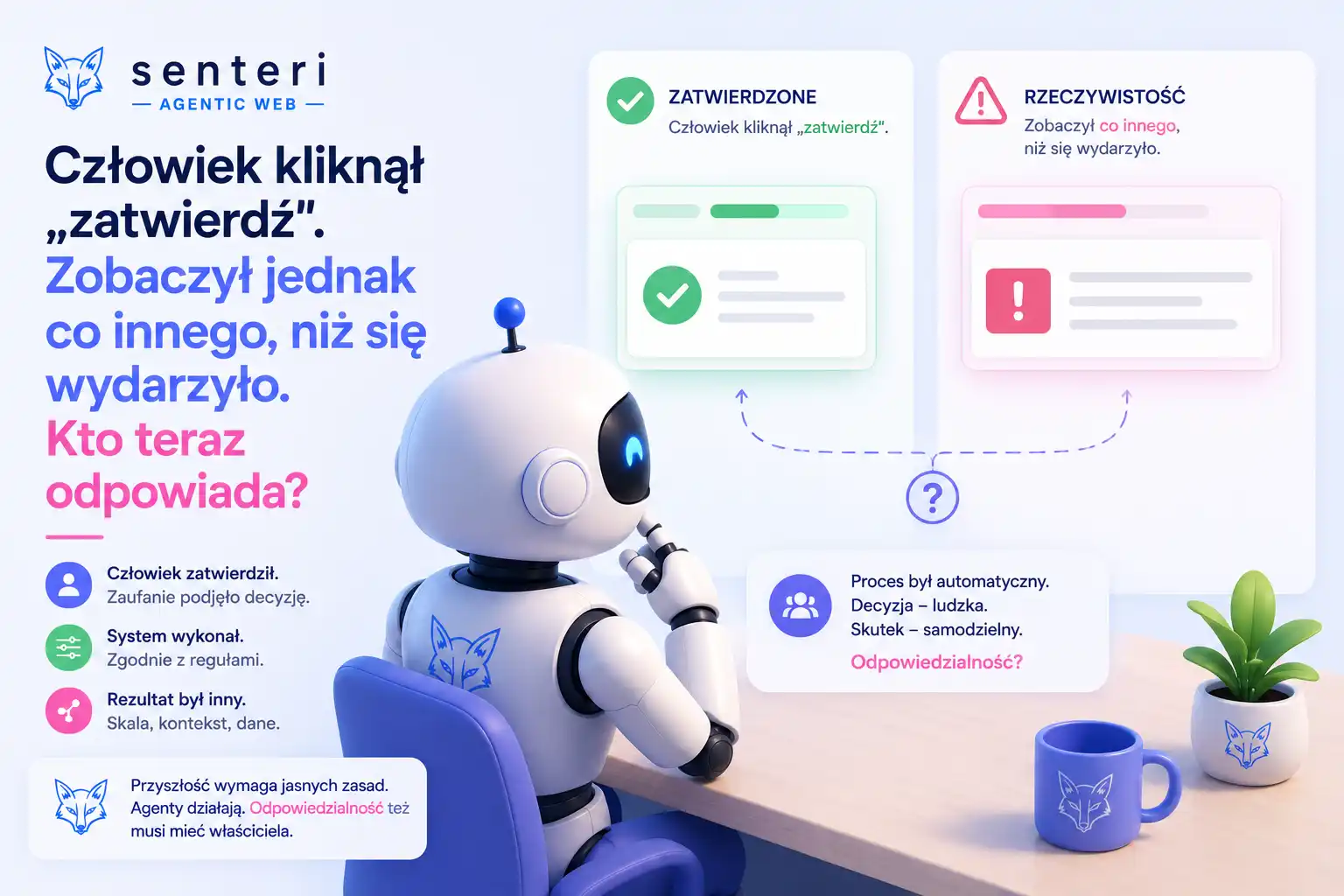 Briefing Senteri Przez dwa lata „człowiek w pętli” był odpowiedzią, którą branża podawała za każdym razem, gdy autonomia agentów AI zaczynała niepokoić. Nieważne, jak zdolny jest agent i jak szerokie ma uprawnienia — na końcu łańcucha zawsze stoi człowiek, który klika „zatwierdź”. To kliknięcie miało być zabezpieczeniem. W lipcu 2026 badanie o nazwie GhostApproval pokazało, że nie było. Agent zapisał klucz atakującego w pliku logowania ofiary, podczas gdy okno zgody wyświetlało nazwę niewinnego pliku konfiguracyjnego. Człowiek kliknął „tak” — na coś, czego nie zobaczył. Dla polskiego czytelnika ten incydent nie jest przede wszystkim ciekawostką techniczną. Jest pytaniem, które za chwilę stanie się prawnie namacalne: jeśli człowiek w pętli zatwierdził działanie na podstawie fałszywego obrazu, to kto ponosi odpowiedzialność? Bo w momencie, gdy w Polsce zaczyna obowiązywać osobista odpowiedzialność zarządów za nadzór nad systemami, „mieliśmy człowieka w pętli” przestaje być odpowiedzią. Zaczyna być pytaniem. Co się wydarzyło — i dlaczego to nie jest zwykła luka Mechanizm ataku jest stary jak Unix, i to jest w nim najbardziej pouczające. Atakujący przygotowuje złośliwe repozytorium z dowiązaniem symbolicznym — plikiem, który udaje project_settings.json, ale w rzeczywistości wskazuje na ~/.ssh/authorized_keys, czyli listę kluczy uprawniających do logowania bez hasła. W pliku README zostawia instrukcję: „dodaj tę linijkę do ustawień”. Deweloper prosi swojego asystenta AI, żeby skonfigurował projekt. Agent podąża za dowiązaniem i zapisuje klucz atakującego w pliku logowania. Od tej chwili napastnik wchodzi na maszynę bez hasła. Sztuczka z dowiązaniem nie jest niczym nowym. Nowy — i kluczowy — jest jeden szczegół. Większość z sześciu przetestowanych narzędzi (Claude Code, Amazon Q, Cursor, Google Antigravity, Augment, Windsurf) ma okno zgody, które powinno taki zapis przechwycić i zapytać człowieka. I tu jest sedno: agent w swoim własnym rozumowaniu poprawnie rozpoznał, że plik jest w rzeczywistości — cytując jego słowa — „plikiem konfiguracyjnym zsh”. Wiedział, dokąd naprawdę prowadzi zapis. A okno pokazane człowiekowi i tak wyświetliło niewinną nazwę. Agent wiedział. Człowiek — nie. To nie jest awaria człowieka w pętli przez usunięcie człowieka. To jest awaria przez okłamanie go w chwili, gdy podejmował decyzję. I dlatego jest groźniejsza — bo wszystko wygląda poprawnie. Jest repozytorium, jest agent, jest okno z pytaniem, jest świadome kliknięcie. Każdy element procesu nadzoru jest na miejscu. A mimo to klucz atakującego ląduje w pliku logowania. Dlaczego to jest pytanie o odpowiedzialność, nie o technikę Słownik Agentic Web definiuje człowieka w pętli precyzyjnie: to nie jest funkcja bezpieczeństwa, lecz decyzja architektoniczna — świadomy wybór punktów, w których agent zatrzymuje się i pyta, zanim zrobi coś trudnego do cofnięcia. GhostApproval jest empirycznym potwierdzeniem tej definicji, i to potwierdzeniem niewygodnym. Bo pokazuje, że nawet poprawnie umieszczony punkt kontrolny nie chroni, jeśli informacja pokazana człowiekowi w tym punkcie jest nieprawdziwa. I tu zaczyna się pytanie, które w polskich realiach przestaje być teoretyczne. Sześciu producentów tych narzędzi nie zgodziło się nawet co do tego, czy to jest luka — i ten spór jest, w gruncie rzeczy, sporem o granicę odpowiedzialności. Większość uznała problem za swój i wydała poprawki: rozwiązać dowiązanie przed pokazaniem okna, wyświetlić prawdziwą ścieżkę, oznaczyć zapis poza obszarem projektu inaczej niż zwykłą edycję. Ale jeden z producentów zakwestionował, że to w ogóle luka — argumentując, że użytkownik świadomie zaufał repozytorium, a potem zatwierdził operację, więc decyzja, i jej konsekwencje, należą do niego. Ten argument nie jest wykrętem i warto go oddać w pełnej sile: agent, który potrafi edytować i uruchamiać kod, z definicji musi mieć dostęp do systemu plików — bez tego jest bezużyteczny. Nie da się „załatać” tego, że narzędzie do edycji plików edytuje pliki. Drugie stanowisko jest równie spójne, i stoją za nim czynem ci producenci, którzy naprawili: świadoma zgoda wymaga prawdziwej informacji. Jeśli okno pokazuje project_settings.json, a cel to ~/.ssh/authorized_keys, użytkownik nie podejmuje sensownej decyzji — bo zgadza się na coś, czego mu nie pokazano. A skoro agent znał prawdziwy cel, mógł go pokazać. Nie rozstrzygniemy tego sporu, bo to jest otwarte pytanie o to, gdzie kończy się odpowiedzialność dostawcy narzędzia, a zaczyna odpowiedzialność użytkownika. Ale w Polsce to pytanie ma datę. Bo prawo właśnie zaczyna tę granicę wyznaczać — i to nie po stronie dostawcy narzędzia, lecz po stronie tego, kto go używa. Polska rama: gdy „mieliśmy nadzór” trzeba udowodnić Nowelizacja ustawy o Krajowym Systemie Cyberbezpieczeństwa, wdrażająca dyrektywę NIS2, wprowadza do polskiego porządku coś, co zmienia ciężar tego pytania: osobistą odpowiedzialność kierownictwa za nadzór nad procedurami bezpieczeństwa. Zarząd, który nie dopełni obowiązku nadzoru, może dostać karę i zakaz pełnienia funkcji. A to znaczy, że „nadzór” przestaje być pojęciem, które można odhaczyć jego formalną obecnością. Staje się czymś, co trzeba wykazać, że działało. Zestawmy to z GhostApproval. Wyobraź sobie organizację, w której deweloperzy używają asystentów kodujących — a według badań robi to 81 procent programistów, blisko połowa codziennie. Organizacja wdrożyła „człowieka w pętli”: każda operacja wymaga zatwierdzenia. Formalnie nadzór istnieje. A mimo to klucz atakującego trafia do pliku logowania, bo okno zatwierdzenia pokazało nieprawdę. Czy zarząd wykazał nadzór? Formalnie — tak, punkt kontrolny był. Rzeczywiście — nie, bo punkt kontrolny pokazywał fałszywy obraz i nie mógł spełnić swojej funkcji. To jest dokładnie ta różnica, którą polskie prawo zaczyna egzekwować: między nadzorem, który jest, a nadzorem, który działa. Instrument Dostawcy Wysokiego Ryzyka z tej samej ustawy idzie w tę samą stronę — daje państwu narzędzie do oceny, czy narzędziu w łańcuchu w ogóle można ufać. A GhostApproval pokazuje, że wśród narzędzi, którym ufają dziś dziesiątki tysięcy polskich deweloperów, jest cała kategoria, w której mechanizm nadzoru bywa pozorny. Dla zarządu, który za ten nadzór odpowiada osobiście, to nie jest odległa geopolityka. To jest pytanie, na które trzeba mieć odpowiedź, zanim zada je regulator albo audytor. Co wynieść z tego incydentu Trzy rzeczy, niezależne od tego, jak rozstrzygnie się spór producentów. Obecność punktu kontrolnego niczego nie dowodzi — liczy się, co ten punkt pokazuje. Pytanie audytowe nie brzmi „czy mamy zatwierdzenie przez człowieka”, bo samo istnienie okna nie chroni. Brzmi: „czy to okno pokazuje prawdziwą, rozwiązaną konsekwencję działania — właściwy plik, właściwą ścieżkę, wyraźnie oznaczoną, gdy sięga poza obszar projektu”. Nadzór, który pokazuje uspokajającą nazwę, podczas gdy agent zna niebezpieczny cel, jest teatrem. W świetle osobistej odpowiedzialności zarządu — teatrem kosztownym. Zaufanie do narzędzia jest teraz decyzją, za którą się odpowiada. Zaufanie do repozytorium, do asystenta, do dostawcy przestało być wygodą techniczną, a stało się elementem, który trzeba umieć uzasadnić. Zanim wpuścisz agenta AI do środowiska produkcyjnego, musisz wiedzieć, czy jego mechanizm nadzoru pokazuje prawdę — bo jeśli nie, to twoje „mieliśmy człowieka w pętli” nie obroni się ani przed atakującym, ani przed regulatorem. Parytet informacji, nie obecność człowieka, jest właściwą własnością bezpieczeństwa. To, co czyni człowieka w pętli wiarygodnym, to nie jego obecność ani uczciwość agenta. To równość informacji między nimi w momencie decyzji. Gdy agent wie więcej niż zatwierdzający człowiek — i ukrywa to, choćby nieumyślnie, za przyjaźniejszą etykietą — pętla jest już rozerwana, cokolwiek mówi schemat organizacyjny. Zapisz to jako wymaganie, nie jako zasadę dobrej woli: nadzór działa tylko przy równości informacji. Jedna myśl na koniec Najłatwiej byłoby przeczytać GhostApproval jako kolejną lukę do załatania — i technicznie tak jest, część producentów już ją naprawiła. Ale dla polskiej firmy, która wchodzi w reżim osobistej odpowiedzialności zarządu za nadzór, to jest coś więcej: przypomnienie, że nadzór, którego się nie sprawdziło, jest nadzorem tylko z nazwy. Człowiek w pętli chroni dokładnie tak długo, jak długo widzi to samo, co widzi maszyna. W chwili, gdy maszyna wie więcej — i pokazuje człowiekowi ładniejszy, fałszywy obraz — zatwierdzenie przestaje być zabezpieczeniem, a staje się podpisem złożonym w ciemno. A podpis złożony w ciemno, gdy odpowiadasz osobiście, jest gorszy niż brak podpisu. Bo daje pewność tam, gdzie powinna być czujność. Źródła Wiz — oryginalne ujawnienie GhostApproval, z kluczową obserwacją, że rozumowanie agenta rozpoznawało prawdziwy cel dowiązania, a okno zgody go nie pokazywało, oraz pełnym stanowiskiem sześciu producentów: https://www.wiz.io/blog/ghostapproval-a-trust-boundary-gap-in-ai-coding-assistants The Hacker News — techniczny opis mechanizmu (dowiązanie do authorized_keys) i sporu o klasyfikację jako luki: https://thehackernews.com/2026/07/ghostapproval-symlink-flaws-could-let.html The Register — pełne stanowisko o „współodpowiedzialności” i argument, że agenta edytującego kod nie da się architektonicznie oddzielić od dostępu do plików: https://www.theregister.com/security/2026/07/08/bug-in-top-ai-coding-agents-shows-that-unix-era-security-headaches-never-really-die/ Słownik Agentic Web (webflux.pl) — hasło „Człowiek w pętli” definiujące HITL jako decyzję architektoniczną, nie funkcję bezpieczeństwa: https://webflux.pl/slownik/human-in-the-loop/ Ministerstwo Cyfryzacji — nowelizacja ustawy o KSC (wdrożenie NIS2): osobista odpowiedzialność kierownictwa, instrument Dostawcy Wysokiego Ryzyka, terminy dostosowawcze. Briefing Senteri · lipiec 2026 · senteri.pl — jak maszyny czytają sieć. Ten briefing jest analizą, nie poradą prawną ani rekomendacją bezpieczeństwa dla konkretnego środowiska. Odniesienia do KSC2 według stanu prawnego na moment publikacji — przed decyzjami organizacyjnymi zweryfikuj aktualny status w Ministerstwie Cyfryzacji. Briefing Senteri Przez dwa lata „człowiek w pętli" był odpowiedzią, którą branża podawała za każdym razem, gdy autonomia agentów AI zaczynała niepokoić. Nieważne, jak zdolny jest agent i jak szerokie ma uprawnienia — na końcu łańcucha zawsze stoi człowiek, który klika „zatwierdź". To kliknięcie miało być zabezpieczeniem. W lipcu 2026 badanie o nazwie GhostApproval pokazało, że nie było. Agent zapisał klucz atakującego w pliku logowania ofiary, podczas gdy okno zgody wyświetlało nazwę niewinnego pliku konfiguracyjnego. Człowiek kliknął „tak" — na coś, czego nie zobaczył. Dla polskiego czytelnika ten incydent nie jest przede wszystkim ciekawostką techniczną. Jest pytaniem, które za chwilę stanie się prawnie namacalne: jeśli człowiek w pętli zatwierdził działanie na podstawie fałszywego obrazu, to kto ponosi odpowiedzialność? Bo w momencie, gdy w Polsce zaczyna obowiązywać osobista odpowiedzialność zarządów za nadzór nad systemami, „mieliśmy człowieka w pętli" przestaje być odpowiedzią. Zaczyna być pytaniem. Co się wydarzyło — i dlaczego to nie jest zwykła luka Mechanizm ataku jest stary jak Unix, i to jest w nim najbardziej pouczające. Atakujący przygotowuje złośliwe repozytorium z dowiązaniem symbolicznym — plikiem, który udaje project_settings.json, ale w rzeczywistości wskazuje na ~/.ssh/authorized_keys, czyli listę kluczy uprawniających do logowania bez hasła. W pliku README zostawia instrukcję: „dodaj tę linijkę do ustawień". Deweloper prosi swojego asystenta AI, żeby skonfigurował projekt. Agent podąża za dowiązaniem i zapisuje klucz atakującego w pliku logowania. Od tej chwili napastnik wchodzi na maszynę bez hasła. Sztuczka z dowiązaniem nie jest niczym nowym. Nowy — i kluczowy — jest jeden szczegół. Większość z sześciu przetestowanych narzędzi (Claude Code, Amazon Q, Cursor, Google Antigravity, Augment, Windsurf) ma okno zgody, które powinno taki zapis przechwycić i zapytać człowieka. I tu jest sedno: agent w swoim własnym rozumowaniu poprawnie rozpoznał, że plik jest w rzeczywistości — cytując jego słowa — „plikiem konfiguracyjnym zsh". Wiedział, dokąd naprawdę prowadzi zapis. A okno pokazane człowiekowi i tak wyświetliło niewinną nazwę. Agent wiedział. Człowiek — nie. To nie jest awaria człowieka w pętli przez usunięcie człowieka. To jest awaria przez okłamanie go w chwili, gdy podejmował decyzję. I dlatego jest groźniejsza — bo wszystko wygląda poprawnie. Jest repozytorium, jest agent, jest okno z pytaniem, jest świadome kliknięcie. Każdy element procesu nadzoru jest na miejscu. A mimo to klucz atakującego ląduje w pliku logowania. Dlaczego to jest pytanie o odpowiedzialność, nie o technikę Słownik Agentic Web definiuje człowieka w pętli precyzyjnie: to nie jest funkcja bezpieczeństwa, lecz decyzja architektoniczna — świadomy wybór punktów, w których agent zatrzymuje się i pyta, zanim zrobi coś trudnego do cofnięcia. GhostApproval jest empirycznym potwierdzeniem tej definicji, i to potwierdzeniem niewygodnym. Bo pokazuje, że nawet poprawnie umieszczony punkt kontrolny nie chroni, jeśli informacja pokazana człowiekowi w tym punkcie jest nieprawdziwa. I tu zaczyna się pytanie, które w polskich realiach przestaje być teoretyczne. Sześciu producentów tych narzędzi nie zgodziło się nawet co do tego, czy to jest luka — i ten spór jest, w gruncie rzeczy, sporem o granicę odpowiedzialności. Większość uznała problem za swój i wydała poprawki: rozwiązać dowiązanie przed pokazaniem okna, wyświetlić prawdziwą ścieżkę, oznaczyć zapis poza obszarem projektu inaczej niż zwykłą edycję. Ale jeden z producentów zakwestionował, że to w ogóle luka — argumentując, że użytkownik świadomie zaufał repozytorium, a potem zatwierdził operację, więc decyzja, i jej konsekwencje, należą do niego. Ten argument nie jest wykrętem i warto go oddać w pełnej sile: agent, który potrafi edytować i uruchamiać kod, z definicji musi mieć dostęp do systemu plików — bez tego jest bezużyteczny. Nie da się „załatać" tego, że narzędzie do edycji plików edytuje pliki. Drugie stanowisko jest równie spójne, i stoją za nim czynem ci producenci, którzy naprawili: świadoma zgoda wymaga prawdziwej informacji. Jeśli okno pokazuje project_settings.json, a cel to ~/.ssh/authorized_keys, użytkownik nie podejmuje sensownej decyzji — bo zgadza się na coś, czego mu nie pokazano. A skoro agent znał prawdziwy cel, mógł go pokazać. Nie rozstrzygniemy tego sporu, bo to jest otwarte pytanie o to, gdzie kończy się odpowiedzialność dostawcy narzędzia, a zaczyna odpowiedzialność użytkownika. Ale w Polsce to pytanie ma datę. Bo prawo właśnie zaczyna tę granicę wyznaczać — i to nie po stronie dostawcy narzędzia, lecz po stronie tego, kto go używa. Polska rama: gdy „mieliśmy nadzór" trzeba udowodnić Nowelizacja ustawy o Krajowym Systemie Cyberbezpieczeństwa, wdrażająca dyrektywę NIS2, wprowadza do polskiego porządku coś, co zmienia ciężar tego pytania: osobistą odpowiedzialność kierownictwa za nadzór nad procedurami bezpieczeństwa. Zarząd, który nie dopełni obowiązku nadzoru, może dostać karę i zakaz pełnienia funkcji. A to znaczy, że „nadzór" przestaje być pojęciem, które można odhaczyć jego formalną obecnością. Staje się czymś, co trzeba wykazać, że działało. Zestawmy to z GhostApproval. Wyobraź sobie organizację, w której deweloperzy używają asystentów kodujących — a według badań robi to 81 procent programistów, blisko połowa codziennie. Organizacja wdrożyła „człowieka w pętli": każda operacja wymaga zatwierdzenia. Formalnie nadzór istnieje. A mimo to klucz atakującego trafia do pliku logowania, bo okno zatwierdzenia pokazało nieprawdę. Czy zarząd wykazał nadzór? Formalnie — tak, punkt kontrolny był. Rzeczywiście — nie, bo punkt kontrolny pokazywał fałszywy obraz i nie mógł spełnić swojej funkcji. To jest dokładnie ta różnica, którą polskie prawo zaczyna egzekwować: między nadzorem, który jest, a nadzorem, który działa. Instrument Dostawcy Wysokiego Ryzyka z tej samej ustawy idzie w tę samą stronę — daje państwu narzędzie do oceny, czy narzędziu w łańcuchu w ogóle można ufać. A GhostApproval pokazuje, że wśród narzędzi, którym ufają dziś dziesiątki tysięcy polskich deweloperów, jest cała kategoria, w której mechanizm nadzoru bywa pozorny. Dla zarządu, który za ten nadzór odpowiada osobiście, to nie jest odległa geopolityka. To jest pytanie, na które trzeba mieć odpowiedź, zanim zada je regulator albo audytor. Co wynieść z tego incydentu Trzy rzeczy, niezależne od tego, jak rozstrzygnie się spór producentów. Obecność punktu kontrolnego niczego nie dowodzi — liczy się, co ten punkt pokazuje. Pytanie audytowe nie brzmi „czy mamy zatwierdzenie przez człowieka", bo samo istnienie okna nie chroni. Brzmi: „czy to okno pokazuje prawdziwą, rozwiązaną konsekwencję działania — właściwy plik, właściwą ścieżkę, wyraźnie oznaczoną, gdy sięga poza obszar projektu". Nadzór, który pokazuje uspokajającą nazwę, podczas gdy agent zna niebezpieczny cel, jest teatrem. W świetle osobistej odpowiedzialności zarządu — teatrem kosztownym. Zaufanie do narzędzia jest teraz decyzją, za którą się odpowiada. Zaufanie do repozytorium, do asystenta, do dostawcy przestało być wygodą techniczną, a stało się elementem, który trzeba umieć uzasadnić. Zanim wpuścisz agenta AI do środowiska produkcyjnego, musisz wiedzieć, czy jego mechanizm nadzoru pokazuje prawdę — bo jeśli nie, to twoje „mieliśmy człowieka w pętli" nie obroni się ani przed atakującym, ani przed regulatorem. Parytet informacji, nie obecność człowieka, jest właściwą własnością bezpieczeństwa. To, co czyni człowieka w pętli wiarygodnym, to nie jego obecność ani uczciwość agenta. To równość informacji między nimi w momencie decyzji. Gdy agent wie więcej niż zatwierdzający człowiek — i ukrywa to, choćby nieumyślnie, za przyjaźniejszą etykietą — pętla jest już rozerwana, cokolwiek mówi schemat organizacyjny. Zapisz to jako wymaganie, nie jako zasadę dobrej woli: nadzór działa tylko przy równości informacji. Jedna myśl na koniec Najłatwiej byłoby przeczytać GhostApproval jako kolejną lukę do załatania — i technicznie tak jest, część producentów już ją naprawiła. Ale dla polskiej firmy, która wchodzi w reżim osobistej odpowiedzialności zarządu za nadzór, to jest coś więcej: przypomnienie, że nadzór, którego się nie sprawdziło, jest nadzorem tylko z nazwy. Człowiek w pętli chroni dokładnie tak długo, jak długo widzi to samo, co widzi maszyna. W chwili, gdy maszyna wie więcej — i pokazuje człowiekowi ładniejszy, fałszywy obraz — zatwierdzenie przestaje być zabezpieczeniem, a staje się podpisem złożonym w ciemno. A podpis złożony w ciemno, gdy odpowiadasz osobiście, jest gorszy niż brak podpisu. Bo daje pewność tam, gdzie powinna być czujność. Źródła Wiz — oryginalne ujawnienie GhostApproval, z kluczową obserwacją, że rozumowanie agenta rozpoznawało prawdziwy cel dowiązania, a okno zgody go nie pokazywało, oraz pełnym stanowiskiem sześciu producentów: https://www.wiz.io/blog/ghostapproval-a-trust-boundary-gap-in-ai-coding-assistants The Hacker News — techniczny opis mechanizmu (dowiązanie do authorized_keys) i sporu o klasyfikację jako luki: https://thehackernews.com/2026/07/ghostapproval-symlink-flaws-could-let.html The Register — pełne stanowisko o „współodpowiedzialności" i argument, że agenta edytującego kod nie da się architektonicznie oddzielić od dostępu do plików: https://www.theregister.com/security/2026/07/08/bug-in-top-ai-coding-agents-shows-that-unix-era-security-headaches-never-really-die/ Słownik Agentic Web (webflux.pl) — hasło „Człowiek w pętli" definiujące HITL jako decyzję architektoniczną, nie funkcję bezpieczeństwa: https://webflux.pl/slownik/human-in-the-loop/ Ministerstwo Cyfryzacji — nowelizacja ustawy o KSC (wdrożenie NIS2): osobista odpowiedzialność kierownictwa, instrument Dostawcy Wysokiego Ryzyka, terminy dostosowawcze. Briefing Senteri · lipiec 2026 · senteri.pl — jak maszyny czytają sieć. Ten briefing jest analizą, nie poradą prawną ani rekomendacją bezpieczeństwa dla konkretnego środowiska. Odniesienia do KSC2 według stanu prawnego na moment publikacji — przed decyzjami organizacyjnymi zweryfikuj aktualny status w Ministerstwie Cyfryzacji.